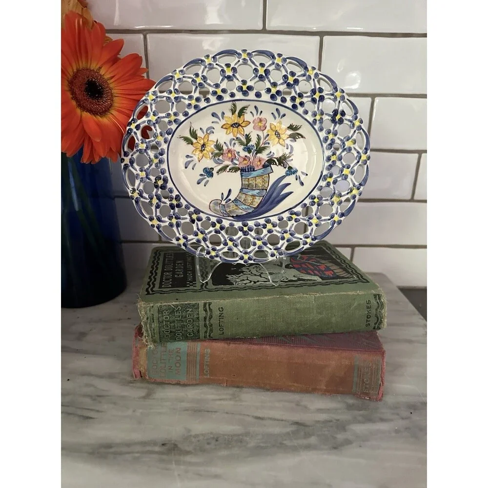 Vintage Cottage Core Portugal Reticulated Hand Painted Plate Floral Lattice Edge